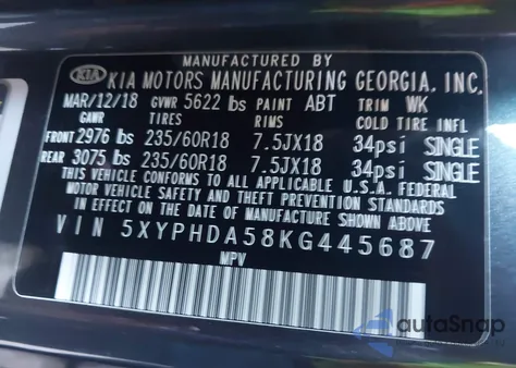 2019 Kia Sorento 3.3L Ex z USA, uszkodzony, nr VIN 5XYPHDA58KG445687